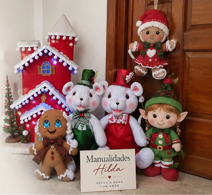 Escena de la portada aprobada: casita iluminada, pareja de ositos, galletitas y duende navideño